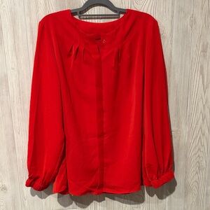 Red Women's Button Up Top with Lantern Sleeves